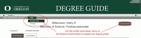 Use the Audits drop-down menu or the Request Audit button to update the degree guide.