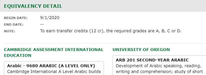 Example equivalency detail for Arabic 9680 at Cambridge Assessment International Education institution.