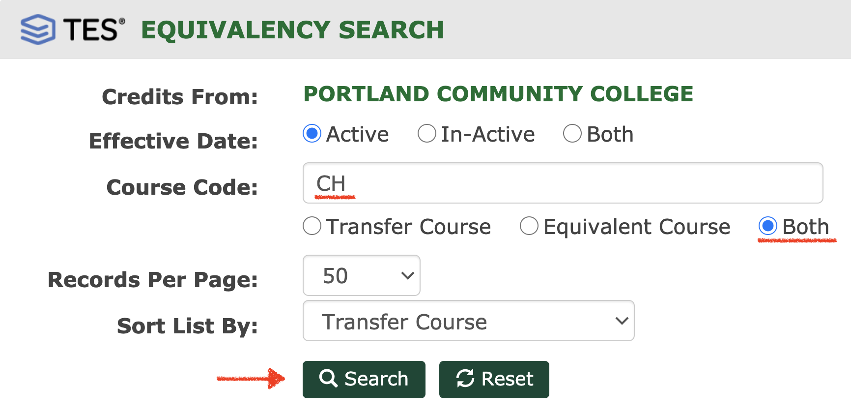 Transfer Equivalency System example CH search