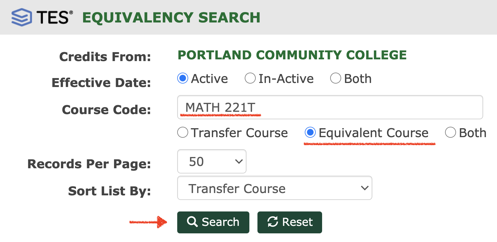 Transfer Equivalency System example MATH 221T search 
