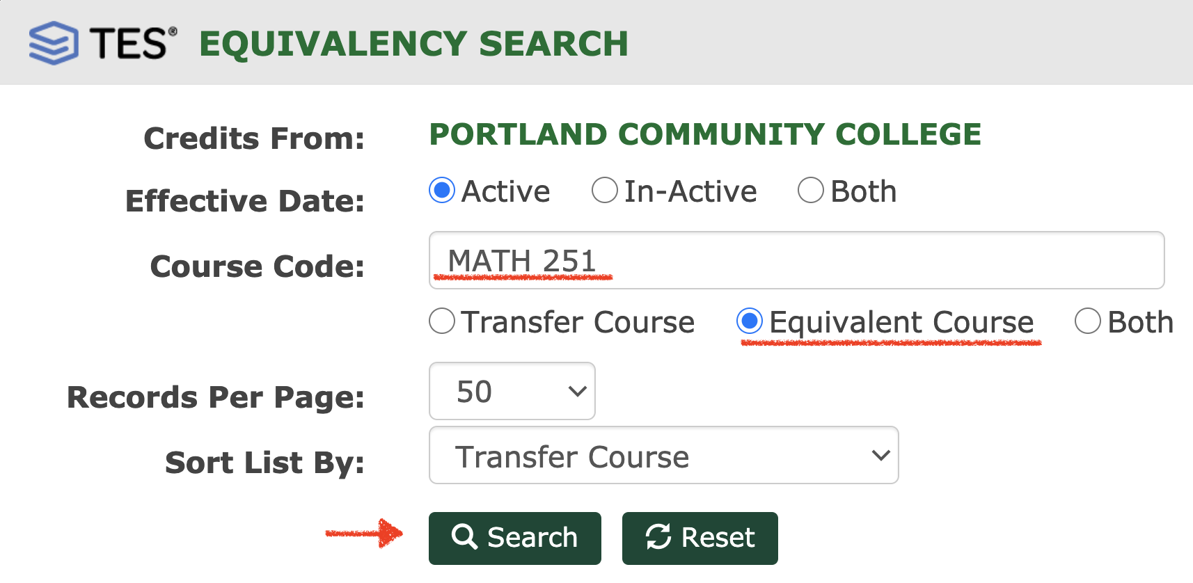 Transfer Equivalency System example MATH 251 search